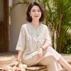 Haoyi Women's Embroidered Frog Button Chinese Style Short Sleeve Shirt