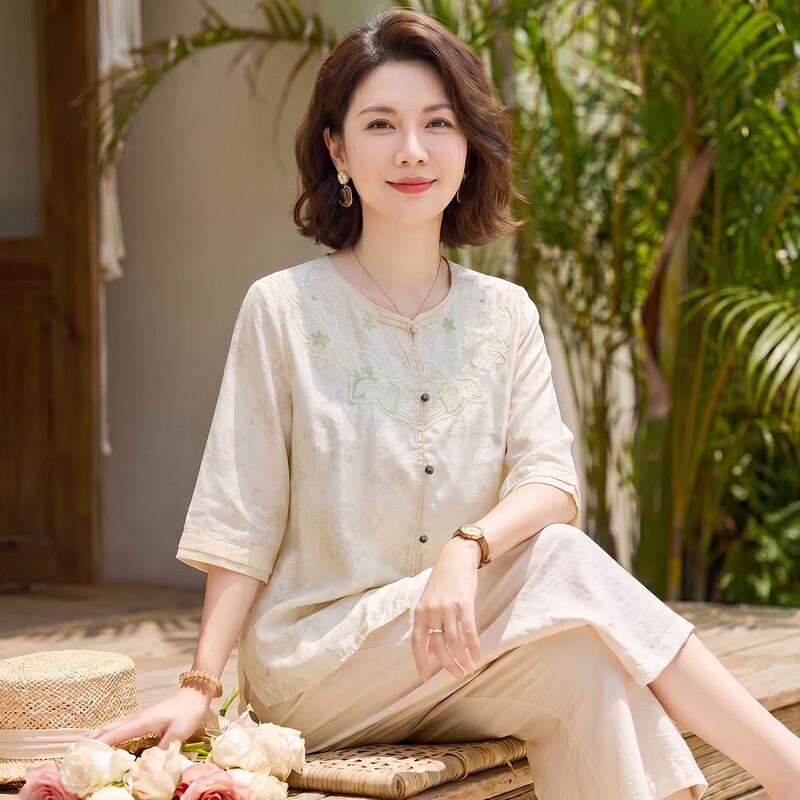 Haoyi Women's Embroidered Frog Button Chinese Style Short Sleeve Shirt