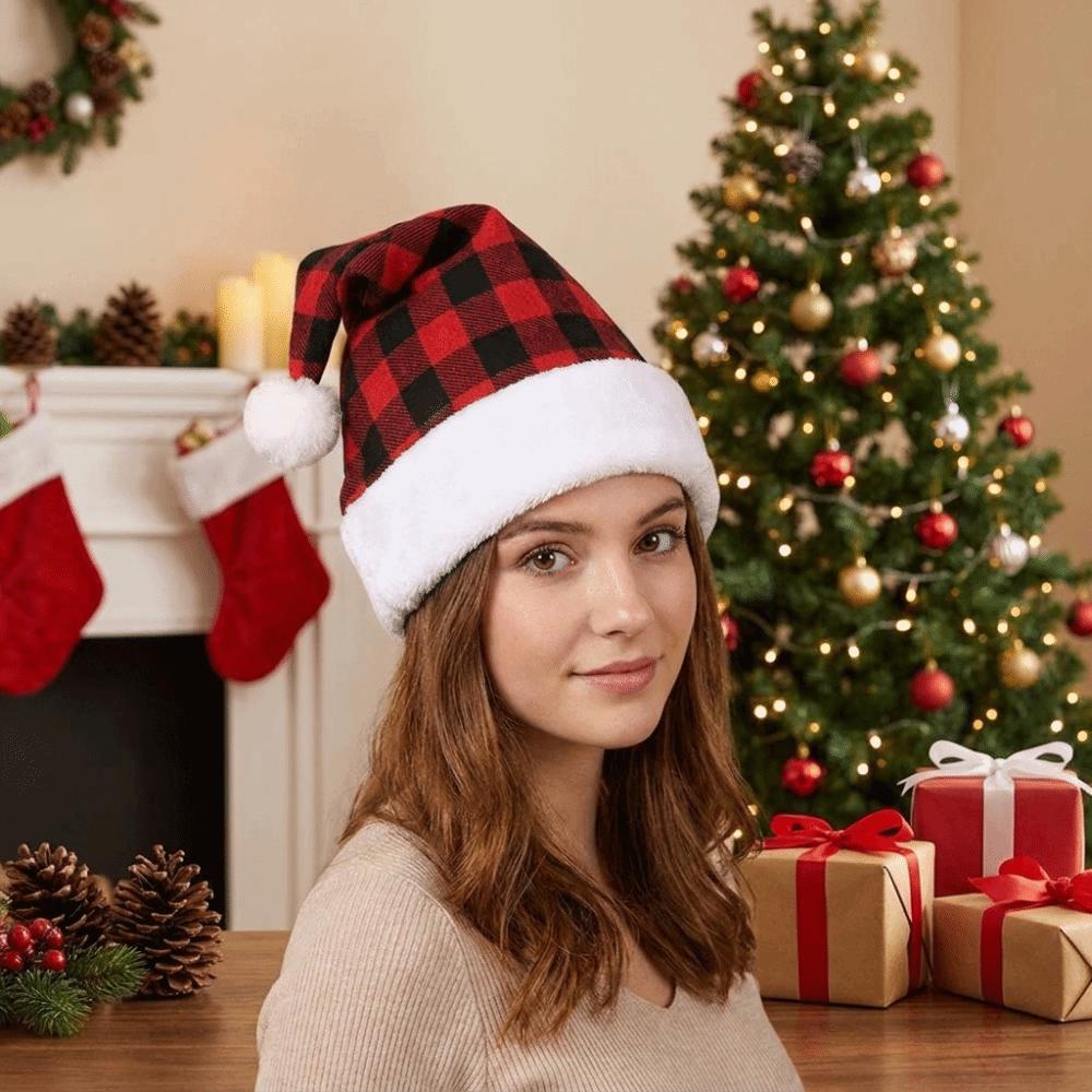Multi Color Christmas Hat Checkerboard Santa Claus Hat Cute Fur Xmas Cap  Unisex