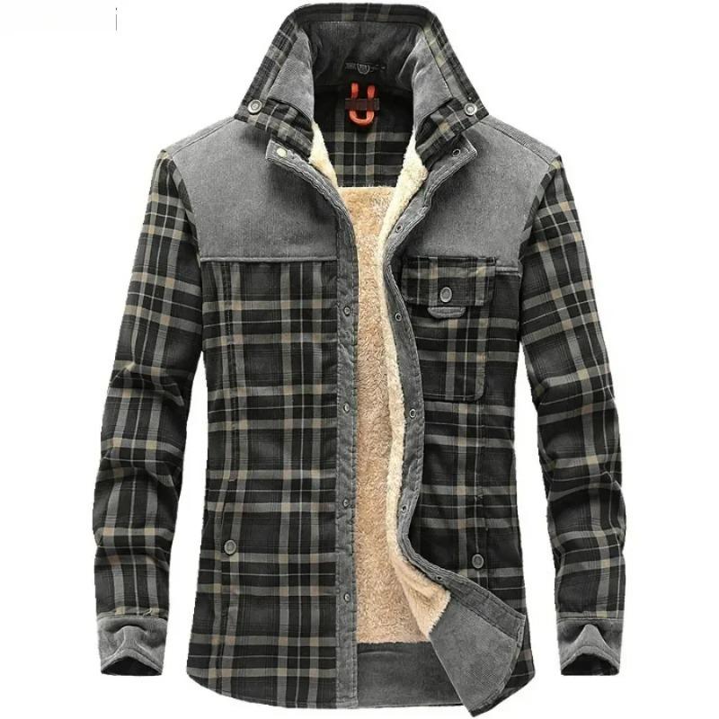 Men s Winter Warm Shirts Coats Plaid Thickened Fleece Jacket Fashion Windproof Stand Collar Shirt Men M