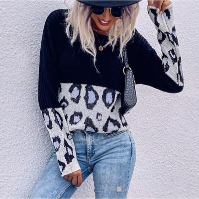 Autumn and Winter Women's Sweater Fashion Splicing Long Sleeve Leopard Print Sweater Loose Slouchy