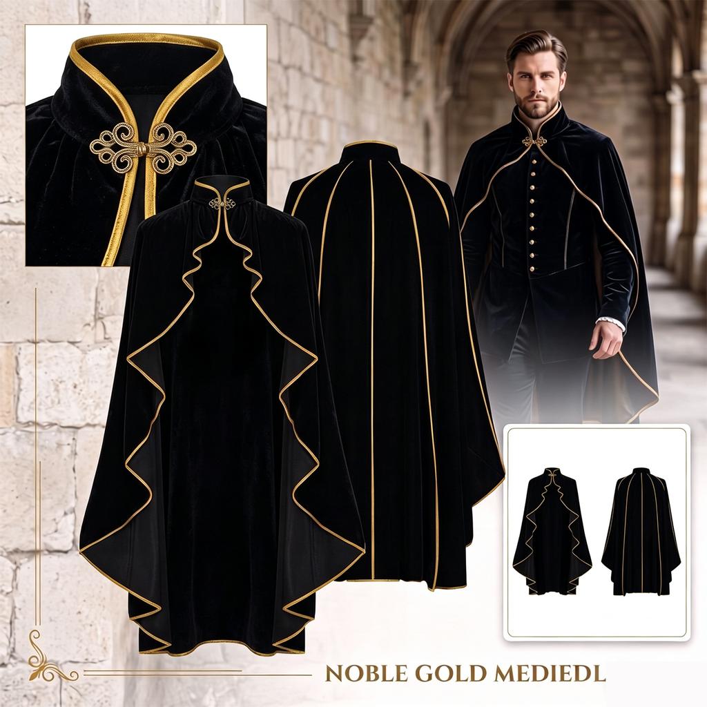 Women's Velvet Cape Coat with Stand Collar and Gold Trim Button Front for Halloween Costume