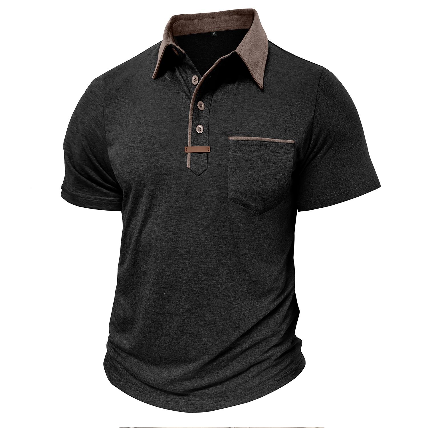 Bright Deer Heren T-shirts met korte mouwen Poloshirts met reverskraag en kleurblokkering Borstzak Zomertops Casual kleding XL zwart