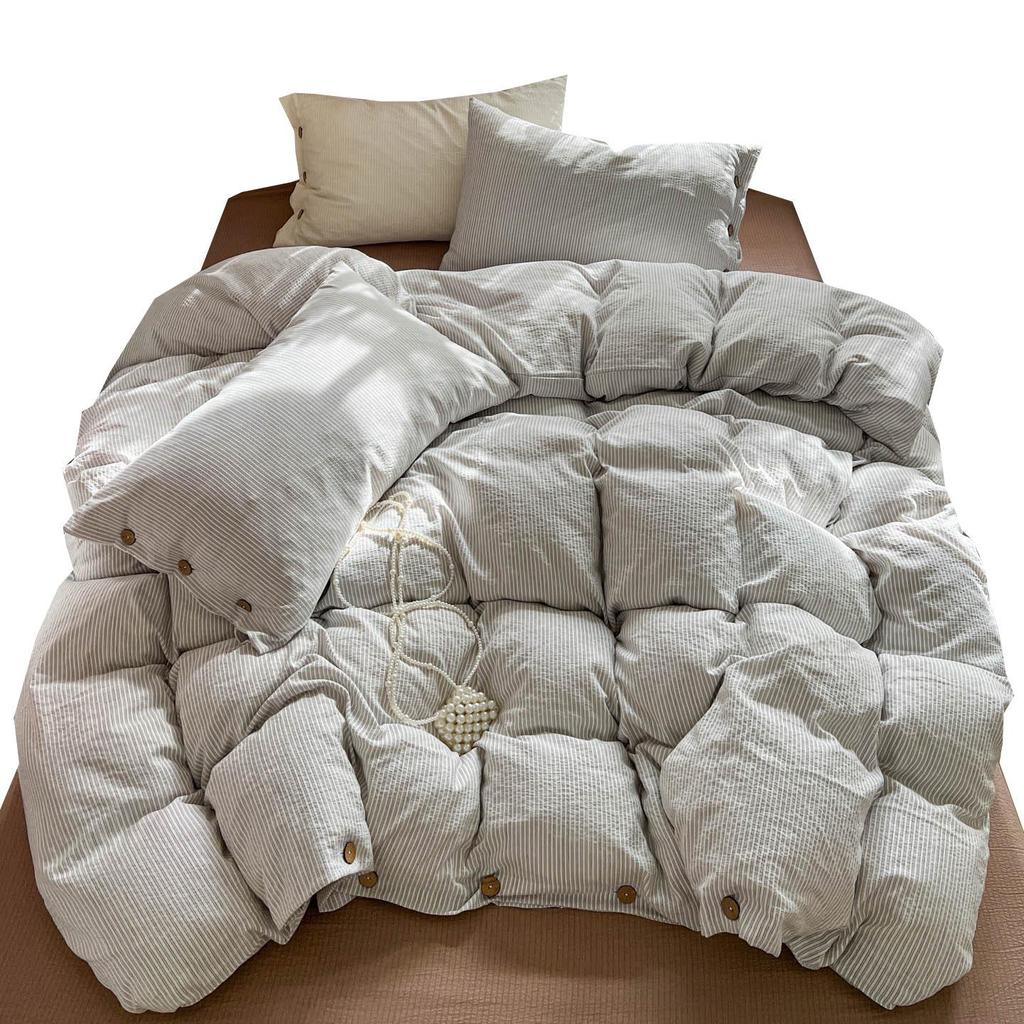 Solid Color MUJI Style Washed Cotton Jacquard Buttoned Dormitory Bedding Set – Super Soft, 4-Piece Set