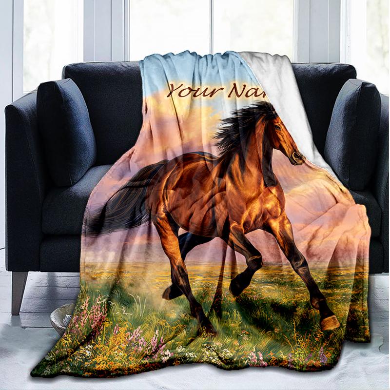 1PC Custom Name Horse Freedom Nature Outdooor Flannel Blankets Patterns Throw Blanket All-Season Soft Gift for Couch, Bed, Camping Gifts