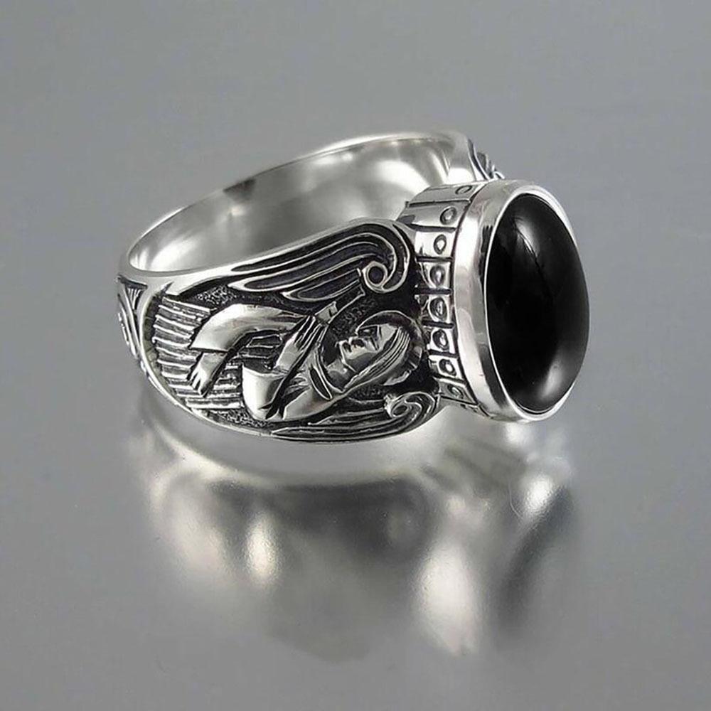 European and American Rings Retro Human Head Shape Light Green Moonstone Popular Ring Jewelry