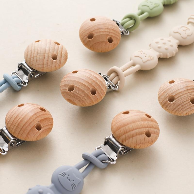 Beech Wood Pacifier Clip Silicone Chain Anti-Drop Baby Accessories Pacifier Chain Nipple Holder Nipple Clip Cartoon Dummy Holder