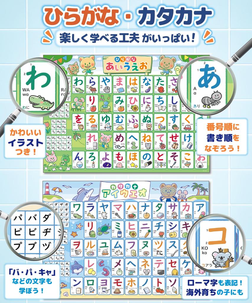 In the Set Tape Bath Poster Alfa Life Made In Japan B3 Size Waterproof ABC Hiragana Katakana Alphabet Numbers [Study Bath] 4-piece (1Hiragana