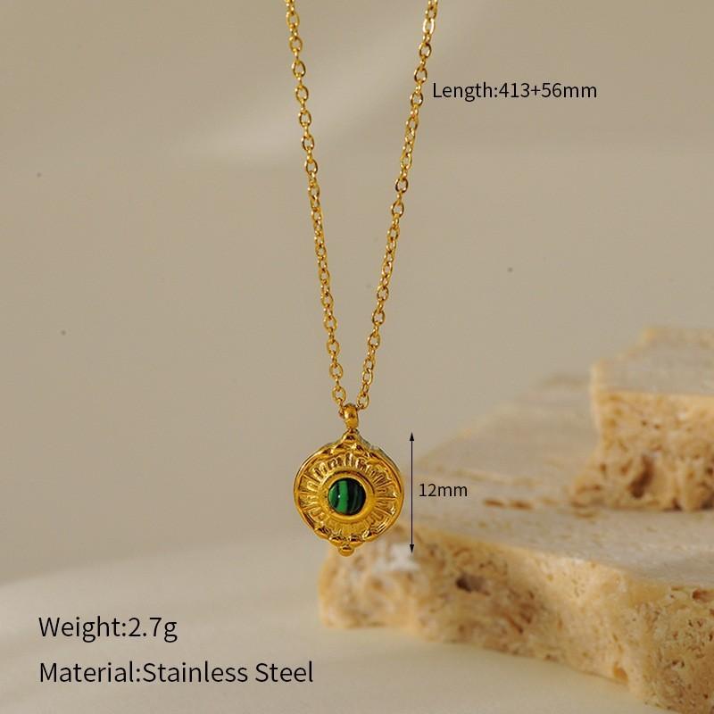 French Vintage Emerald Necklace Geometric Mother Of Pearl Inlay Titanium Steel Pendant Women Jewelry Gift