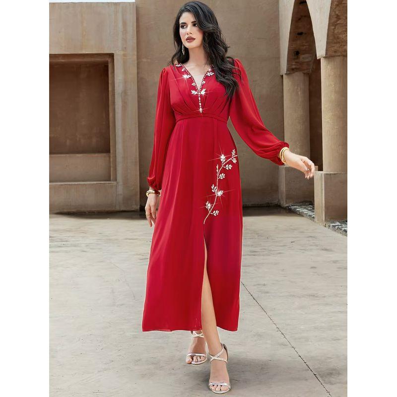 

New Middle East Handmade Seam Drill Sexy V-neck Split Robe Dress Hand Sewn Diamond Dress Red S