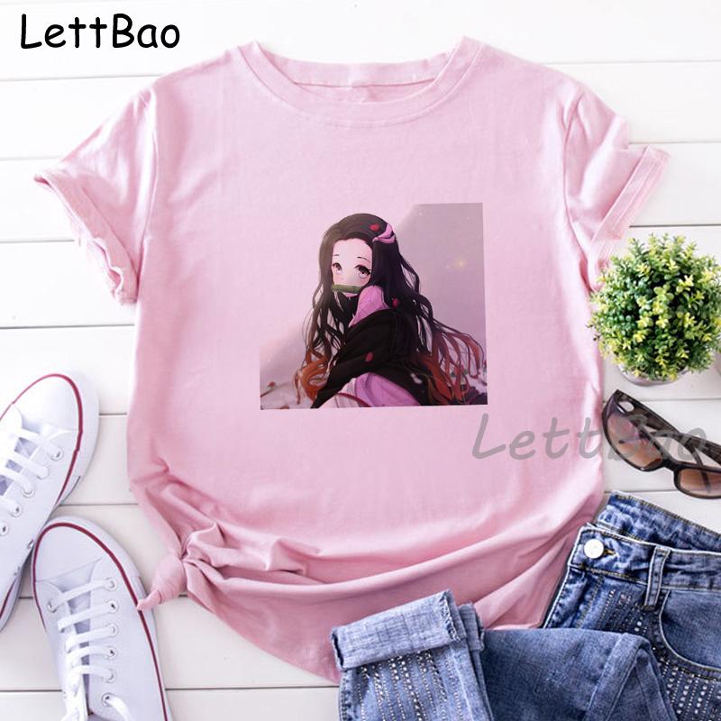 Nezuko Kimetsu No Yaiba Funny Graphic Pink T Shirts Women Vintage Anime Print Tee Shirt 90S