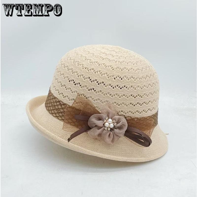 WTEMPO Women's Knitted Hollow Out Sun Hat Elegant Flower Decor Straw Bucket Hat, Breathable Casual Cap with Pearl Detail
