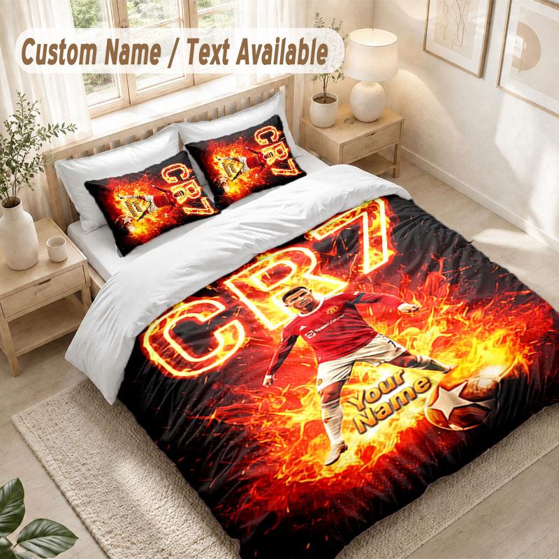 Custom Name Bedding Set 3 PiecesCristiano Ronaldo Print Duvet Cover + 2 Pillowcases Soft Bed Decor