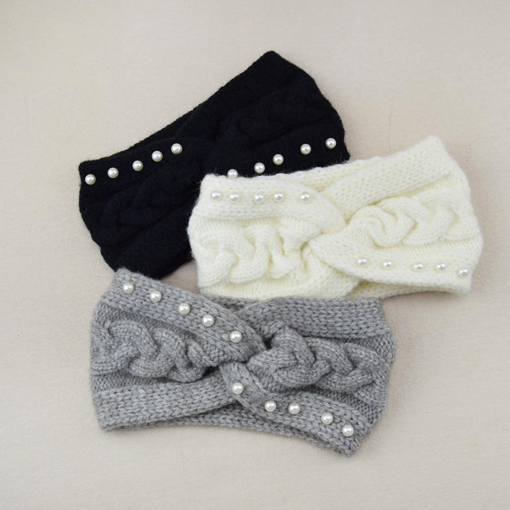 New Wide Cross Pearl Knitting Headbands For Woman Winter Warm Hairband Elastic Sports Headwear Girls Hair Band Hair Accessories