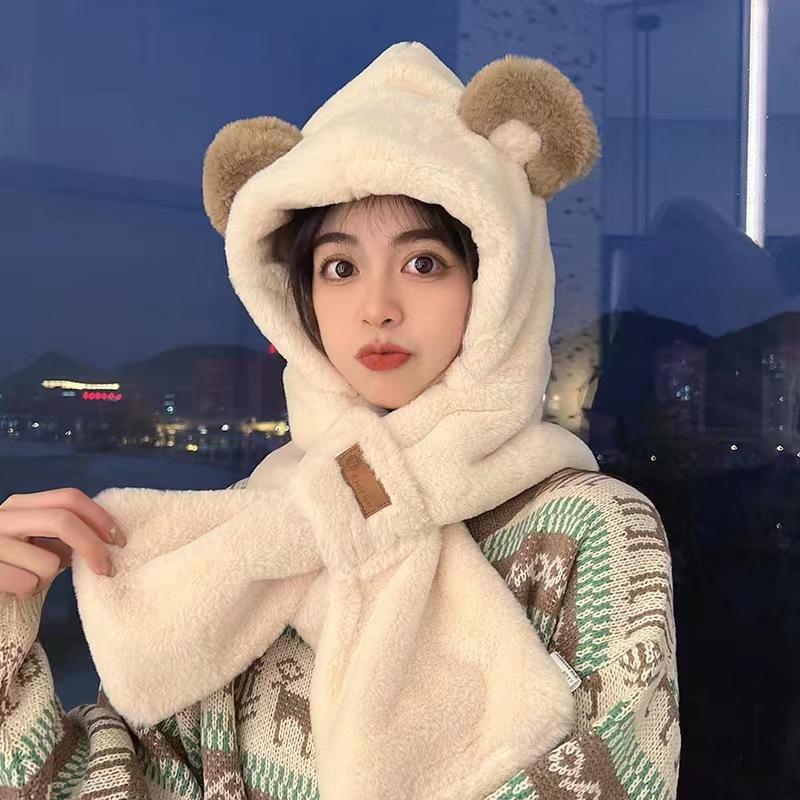 Lei Feng Hat Cold Proof and Warm Plush Bear Hat  Scarf One Piece Hat  Winter Scarf Two Piece Set Cycling One Piece Hat