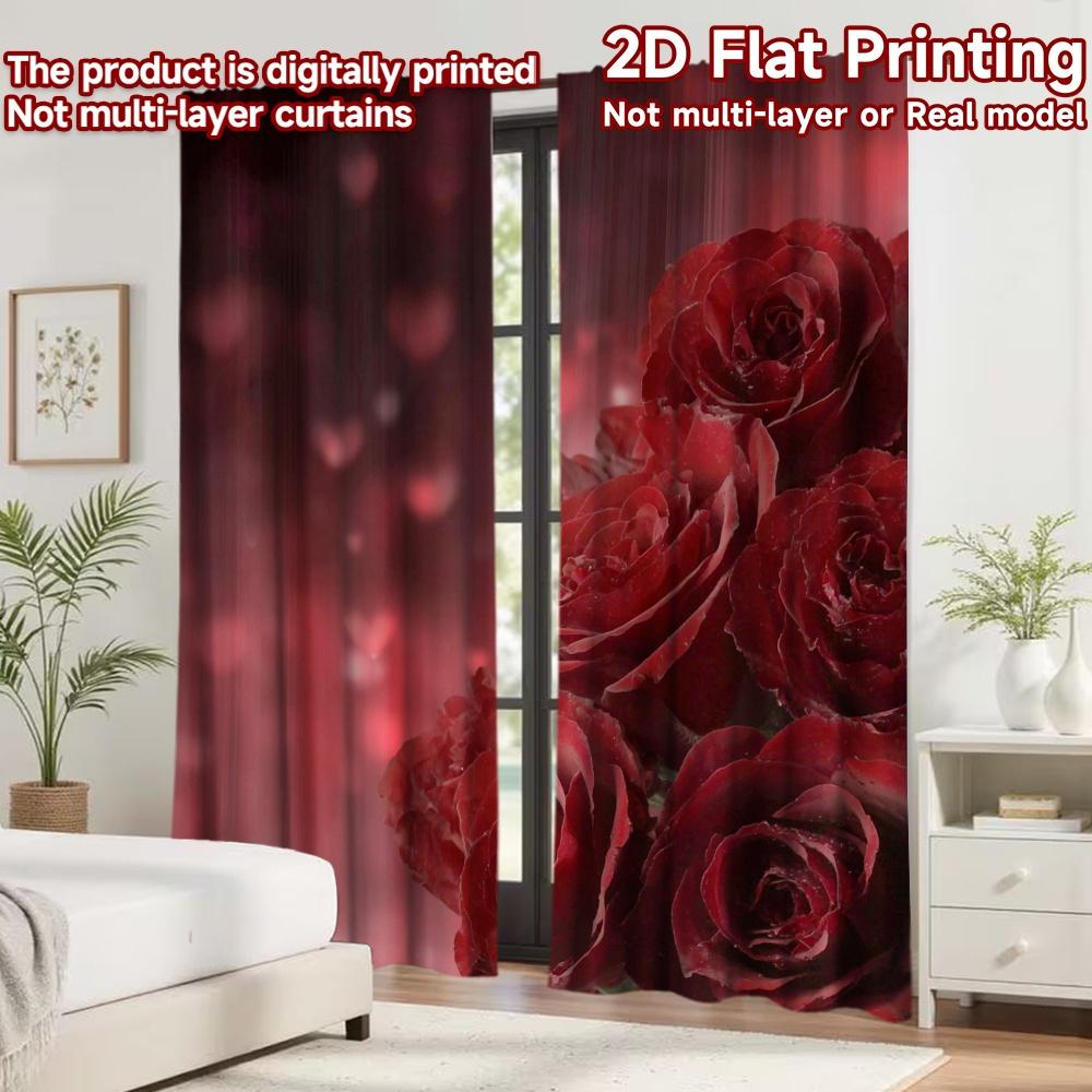 2D Flat Printing 2pcs Curtain Party Curtain Valentine's Red Roses Digital Printed Polyester Drapes All Season Party & Holiday