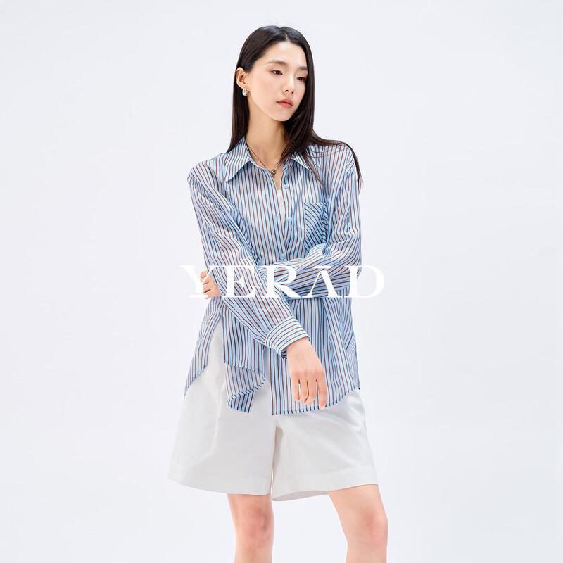 

YERAD Women s Lightweight French Style Blue Striped Lyocell Blend Shirt M