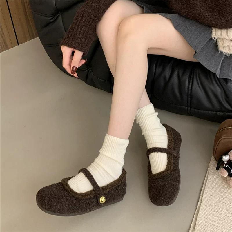 Retro Gentle Fairy Fluffy Shoes Female 2025 Autumn and Winter New Outer Wear Korean Version Flat-bottomed Velvet Mary Jane Single Shoes