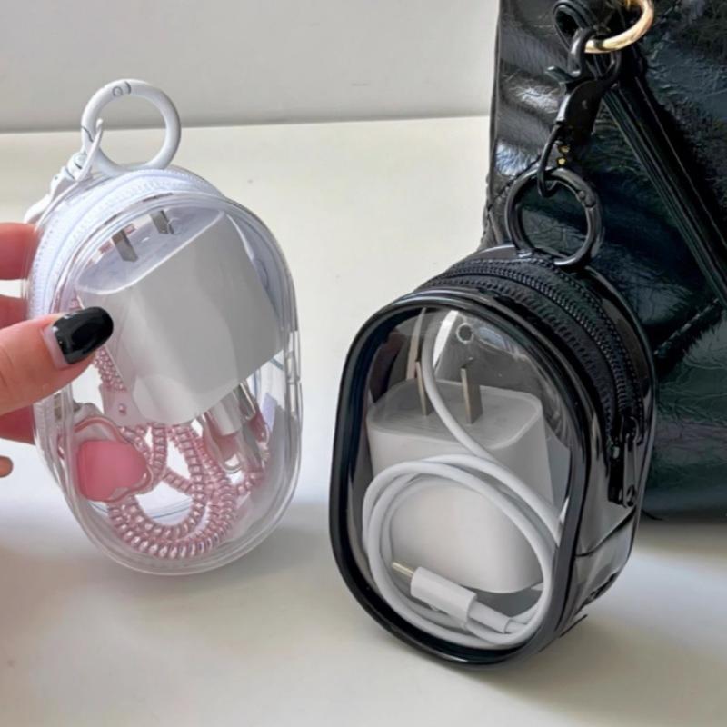 Portable Mini Transparent Charging Cable Storage Bag with Zipper for Storage Gift Bags Doll Display Storage Bag with Keychain