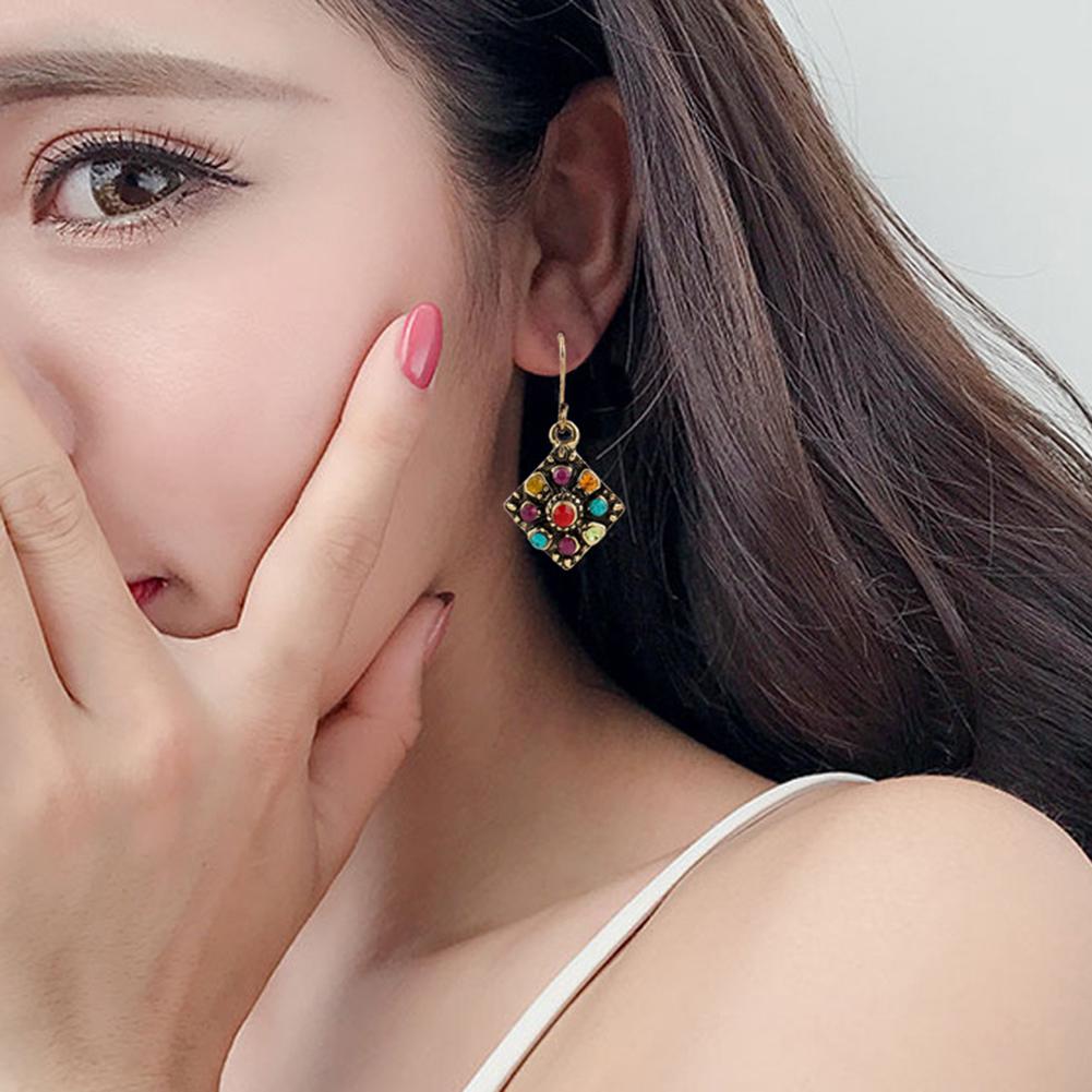Stylish Bohemian Rhombic Colorful Rhinestone Charm Hook Earrings Women Party Jewelry Jewelry Gift