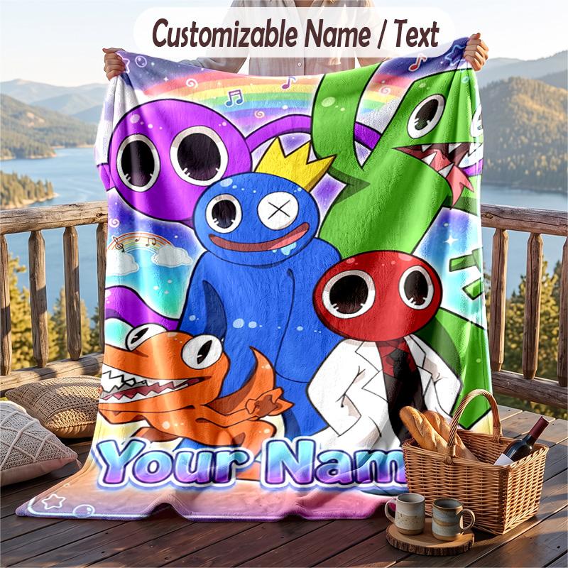 Rainbow Friends Flannel Blanket, Personalized Custom Name Text, Soft Warm Plush Throw Blanket For Gift