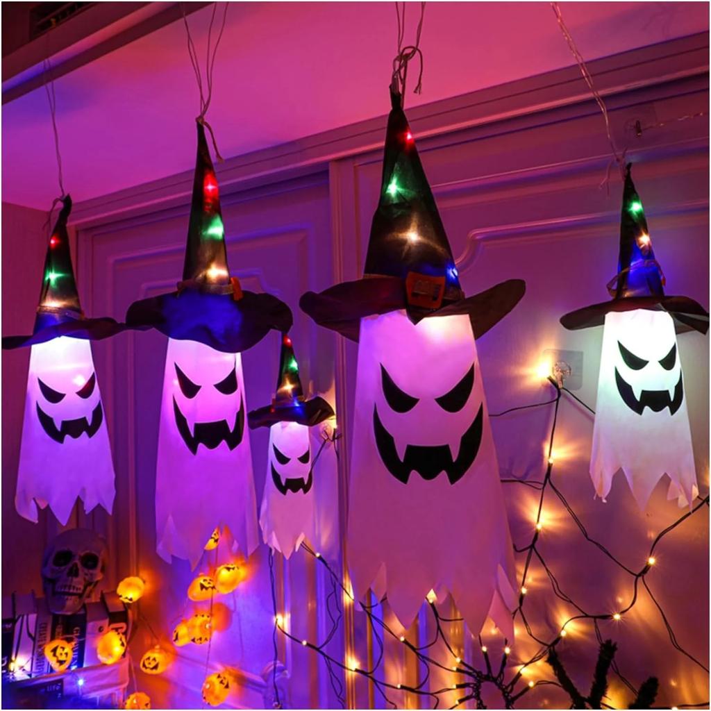 5pcs 45cm Hanging Halloween Glowing Hat With LED Light String Indoor And Outdoor Party Decorations