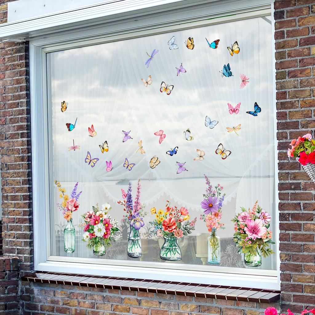 Window Sticker Static Cling with Multicolor Floral Butterfly Design Suitable for Living Room For Bedroom Kitchen