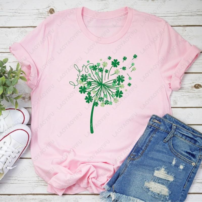St Patricks Day Dandelion Shamrock Oneck Printed Unisex Tops Lucky Clover Unisex Adult Cotton Tshirts Family Celebration Gift S