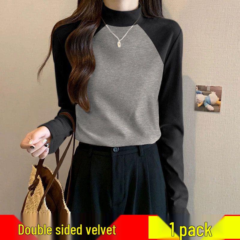 

German Velvet Color Block Mock Neck Women s Winter Base Layer Stretch Shirt L (105-115 lbs)