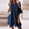 Solid-color Washed Cotton Mid-length Patchwork Denim Dress Women's Summer Medium Length Sleeve Polo Neck Loose Dress