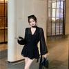 Black perspective long-sleeved chiffon dress women's early autumn design sense mesh short skirt v-neck temperament waist a-word skirt
