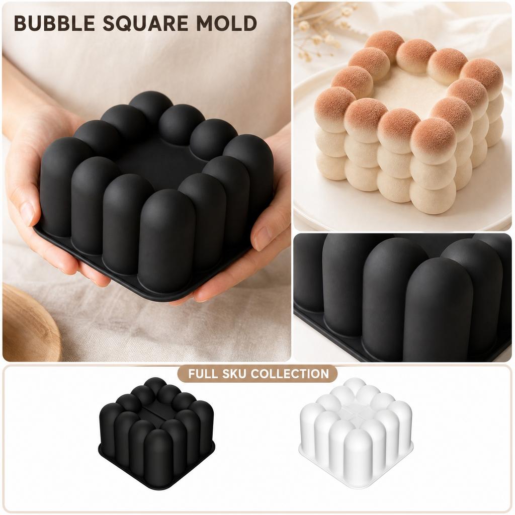 Square Bubble Mousse Cake Mold Single Cavity Silicone Baking Mold for Mousse Cake Soap Candle Resin Craft Mold with Geometric Grid Pattern