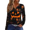 Women's Casual Halloween Print V-Neck Long Sleeve T-Shirt with Decorative Buttons