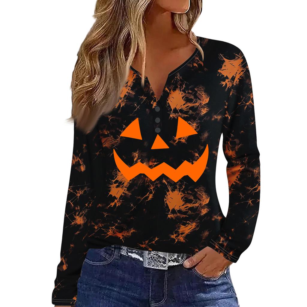 Women's Casual Halloween Print V-Neck Long Sleeve T-Shirt with Decorative Buttons