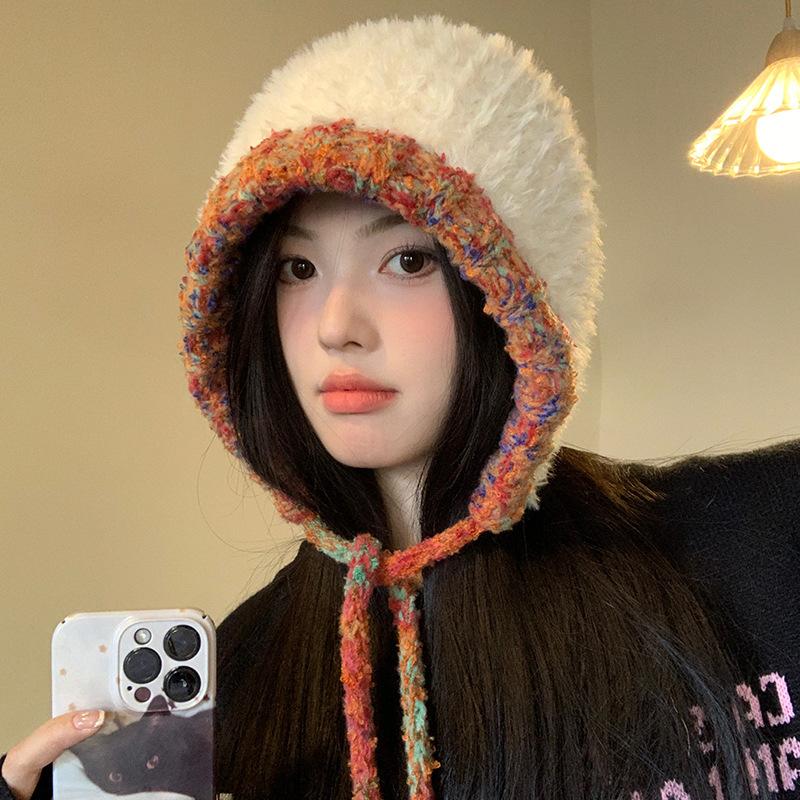 Plush Knitted Hat for Women In Autumn and Winter Handmade Big Head Surround Bag Hat Thickened Warm Furry Face-protecting Small Ear Protection Hat