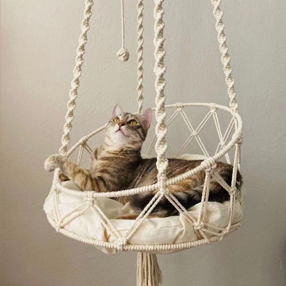 Hand Woven Kitten Hammock Hanging Cat Bed Bohemian with Hanging Kit Interior Decoration Cat Nest