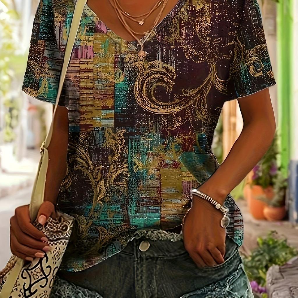 Women's T-Shirt Oversized Retro Printed Short-Sleeved V-Neck Fashion Casual Top Street Breathable Summer Women's Clothing