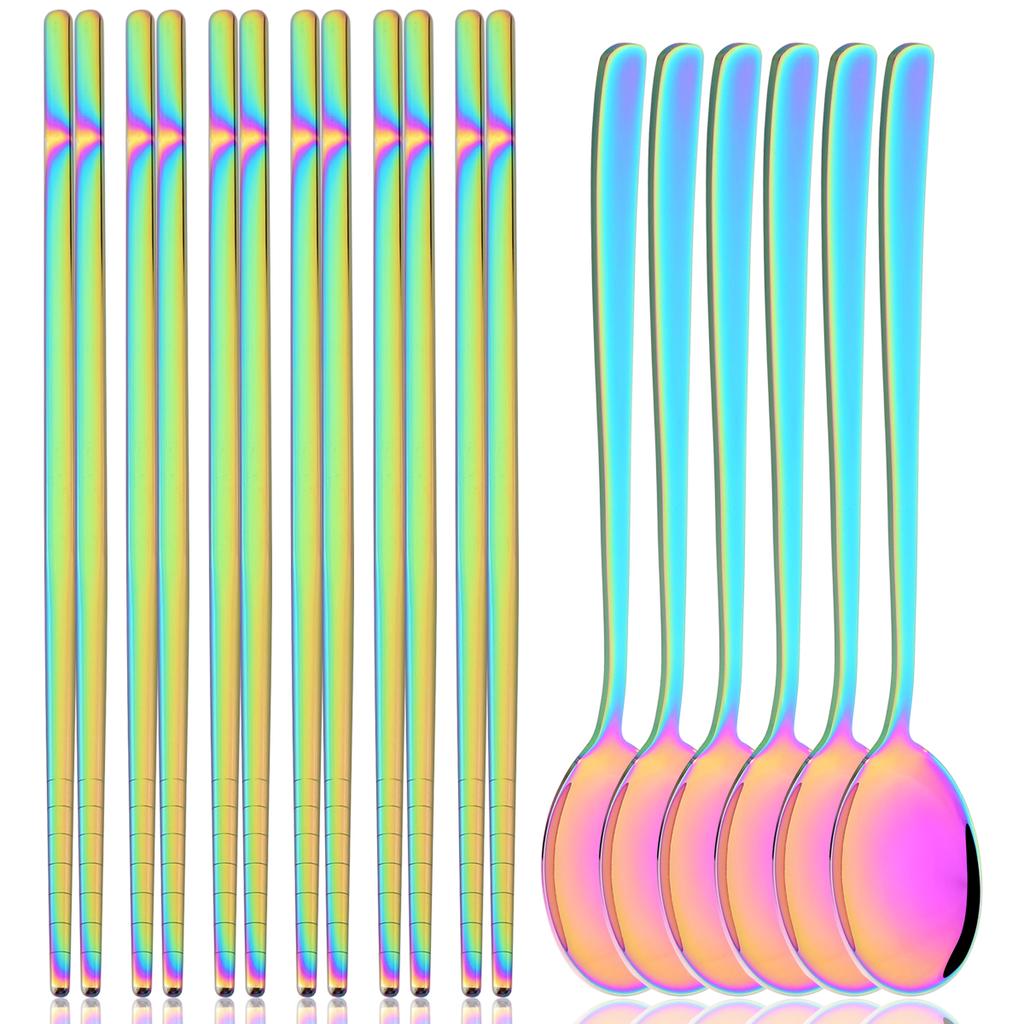 12pcs Colorful Dinnerware Set Korean Style Spoon Non-slip Chopsticks Cutlery Mirror Stainless Steel Flatware Kitchen Tableware
