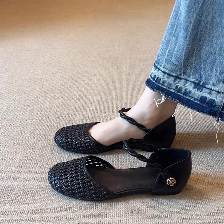 Sheepskin version~ French woven hollow design outer wear leather sandals women's word with camellia round head flats