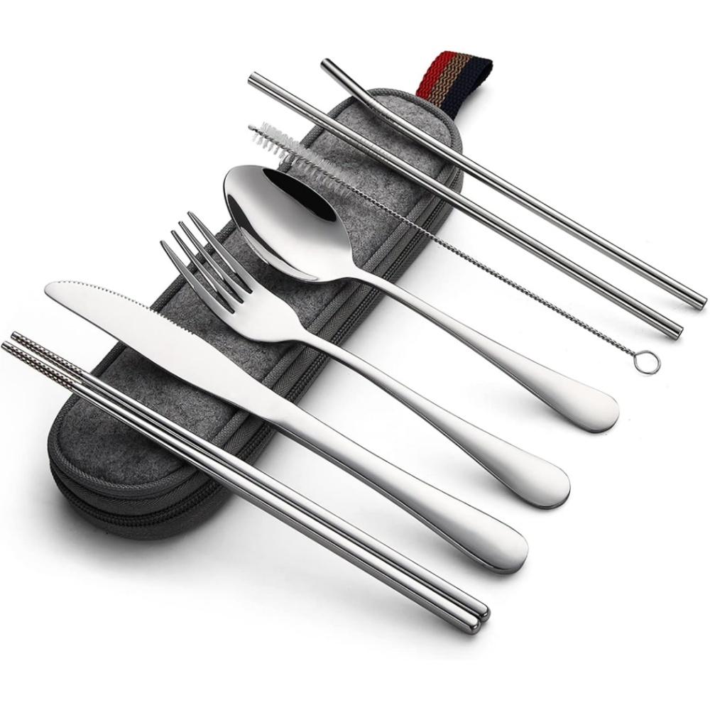 Tableware Reusable Travel Cutlery Set Camp Utensils Set with Stainless Steel Spoon Fork Chopsticks Straw Portable Case
