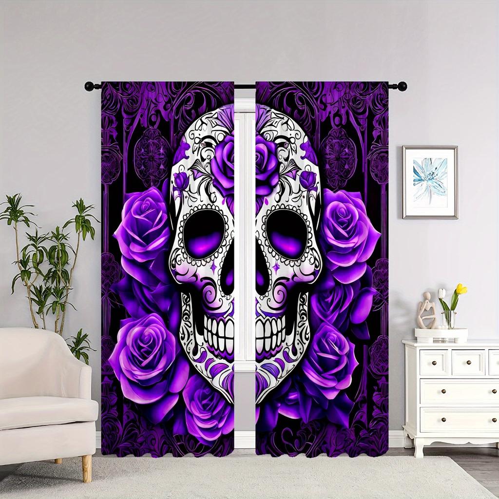 Purple Skull Rose Curtains Hd Digital Print Bedroom Study Office Window Decor Halloween Gothic Style Set Of 2 Made Polyester With Rod Pocket Sleeping