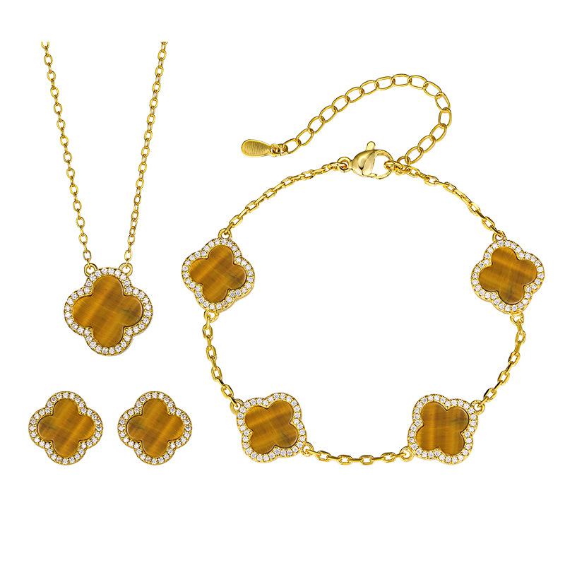 Jewelry Set Earrings Necklace Bracelet New Accessories Four Leaf Clover Natural Tiger Eye Stone Light Luxury Women's