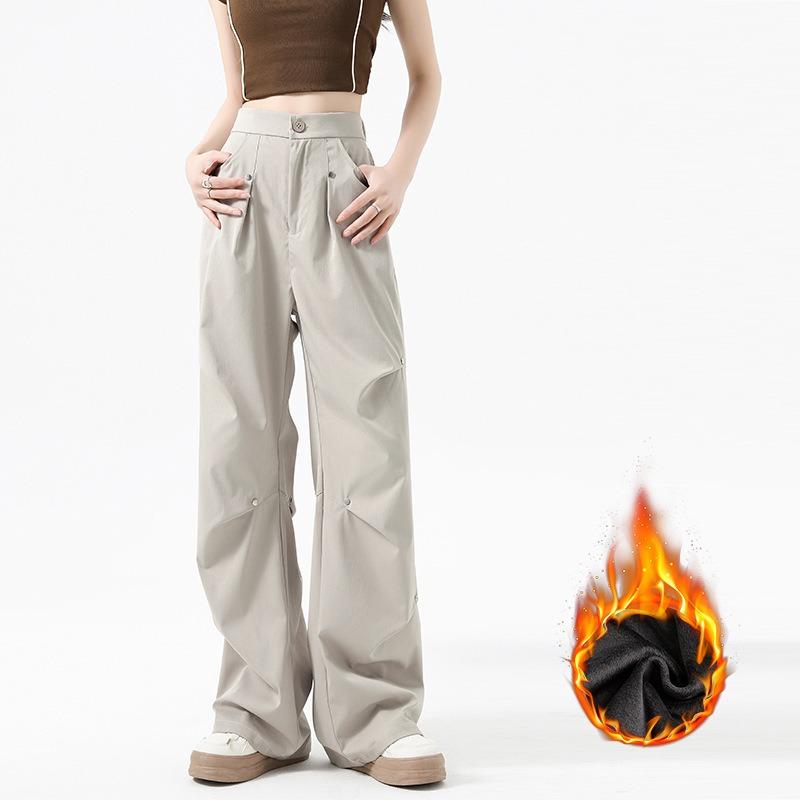 Retro Overalls Women's Autumn and Winter Velvet High-waisted and Thin Straight-leg Spiked Pleated Loose Wide-leg Casual Trousers