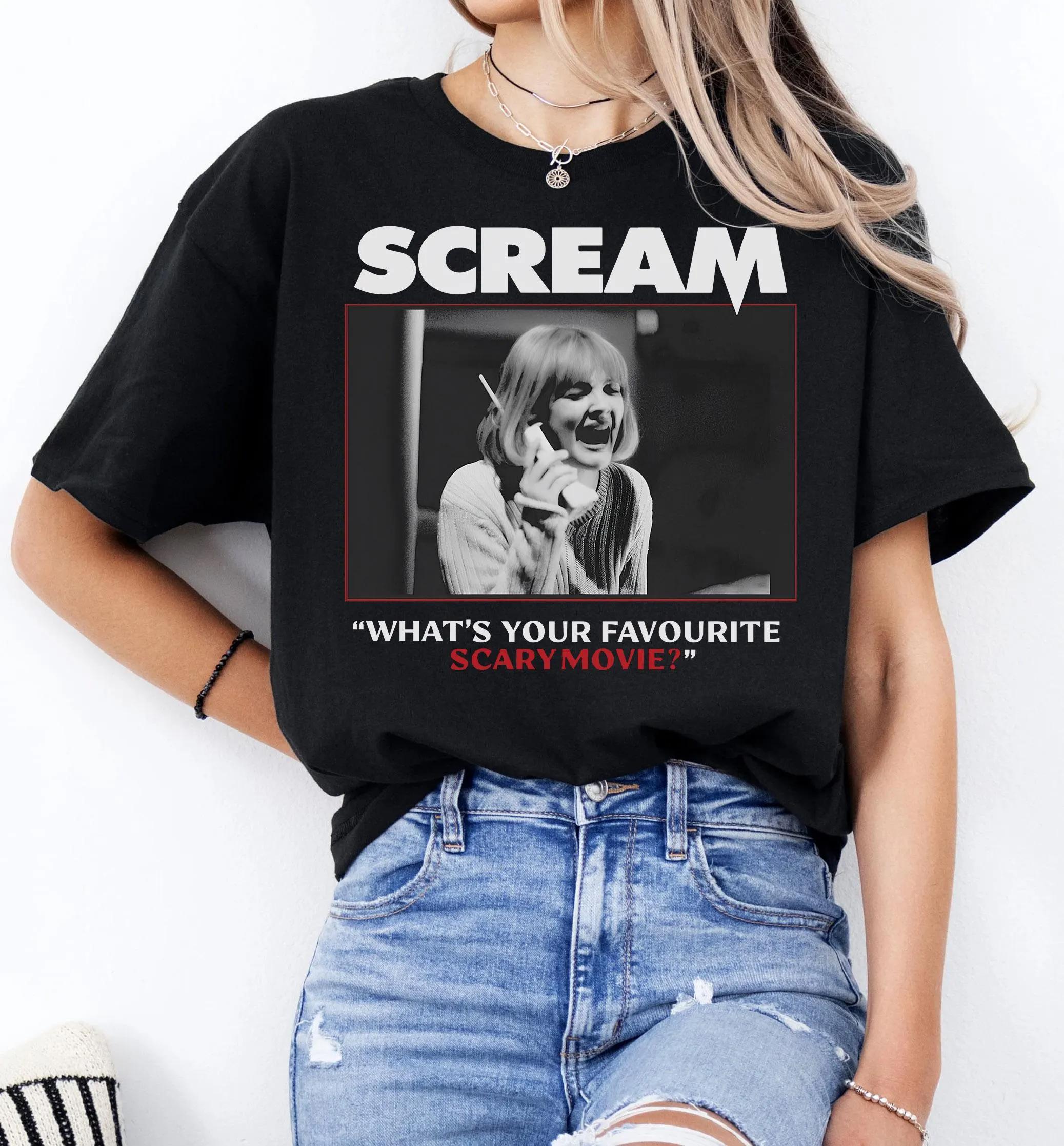Scream Movie Shirt Whats Your Favorite Scary Movie Tee Vintage Horror Film Graphic TShirt Drew Barrymore Slasher Quote Shirt S