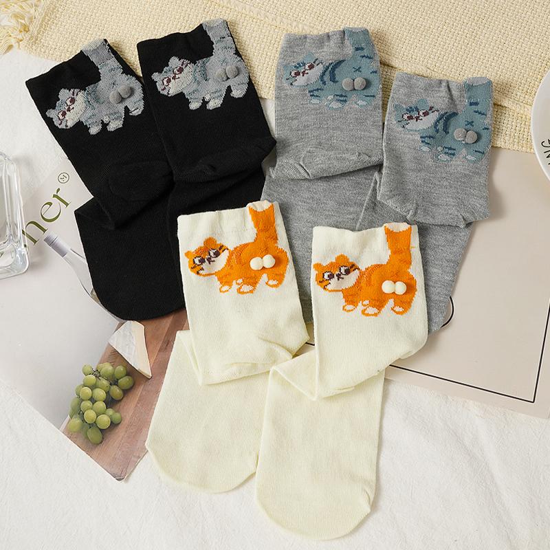 5 Perechi Șosete Desen Animat 3D Design Ou Pisică pentru Femei Moi Confortabile Drăguțe și Amuzante Șosete Tub Mediu