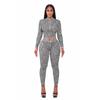 European & American Women's Spring/Autumn Half-High Collar Zipper Cropped Top with Long Sleeve & High-Waisted Pants Two-Piece Set