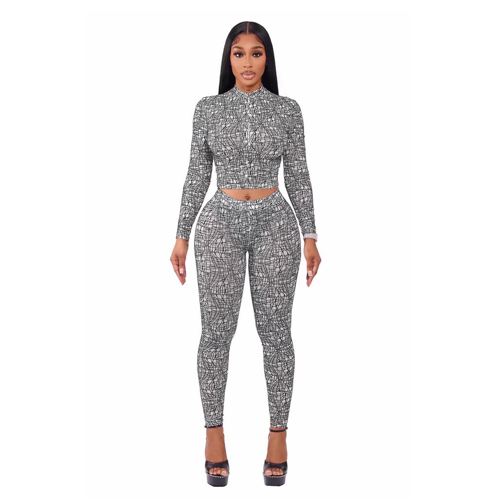 European & American Women's Spring/Autumn Half-High Collar Zipper Cropped Top with Long Sleeve & High-Waisted Pants Two-Piece Set