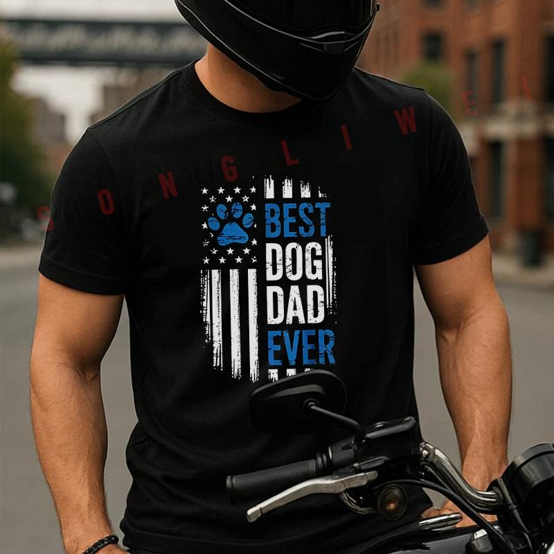Dog Dad Ever USA American Flag Motorcycle T-Shirt Men And Women Aesthetic High Quality Cotton T