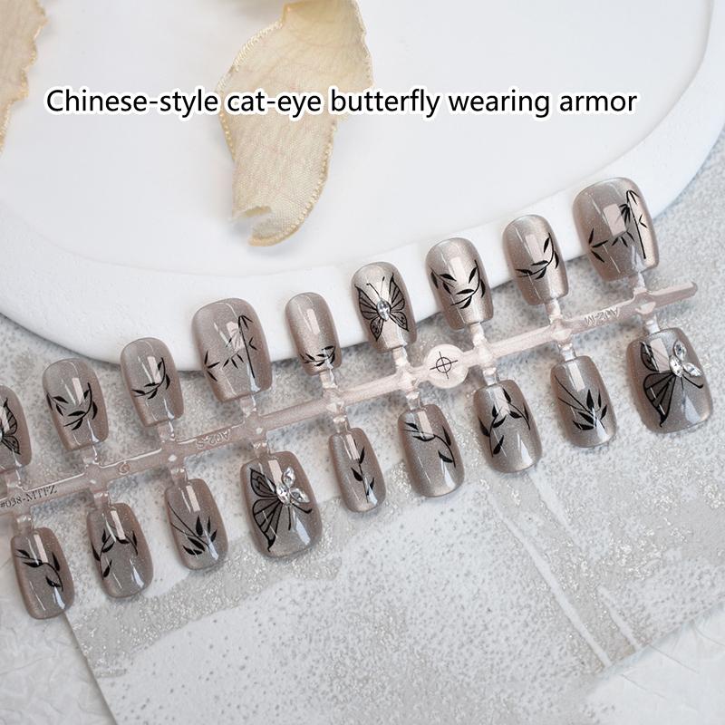 30Pcs Chinese Style Butterfly Cat'S Eye False Nails Wearable Xs/S/M Fake Nails Press On Nails Tip Nail Art Nail Salon