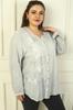 Metal Button Front Glittery Patterned Folded Sleeve Linen Washed Plus Size Shirt
